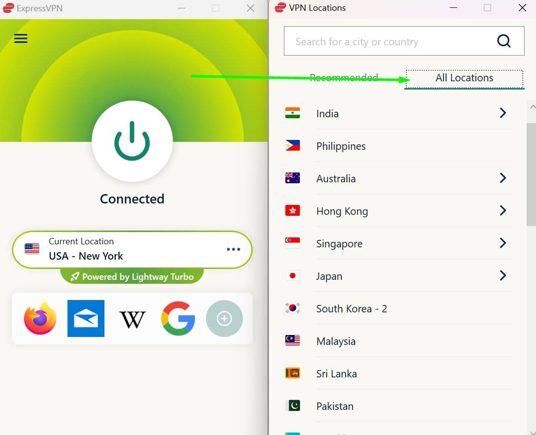Screenshot showing ExpressVPN's all locations tab