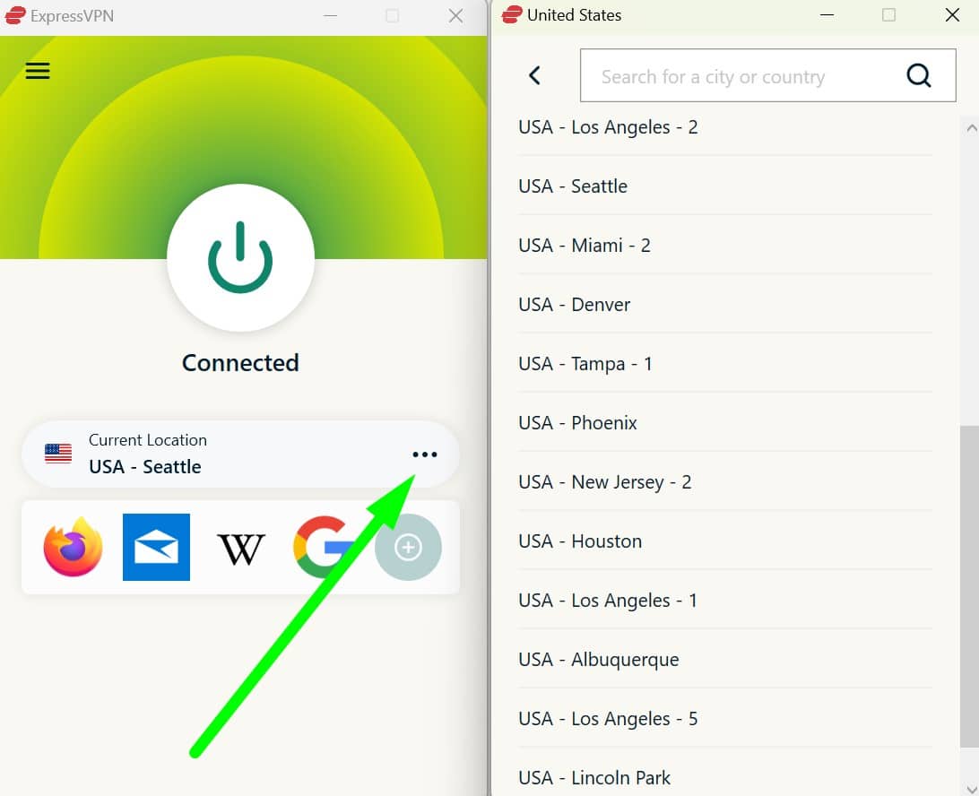 Screenshot showing how to expand ExpressVPN's server selection menu