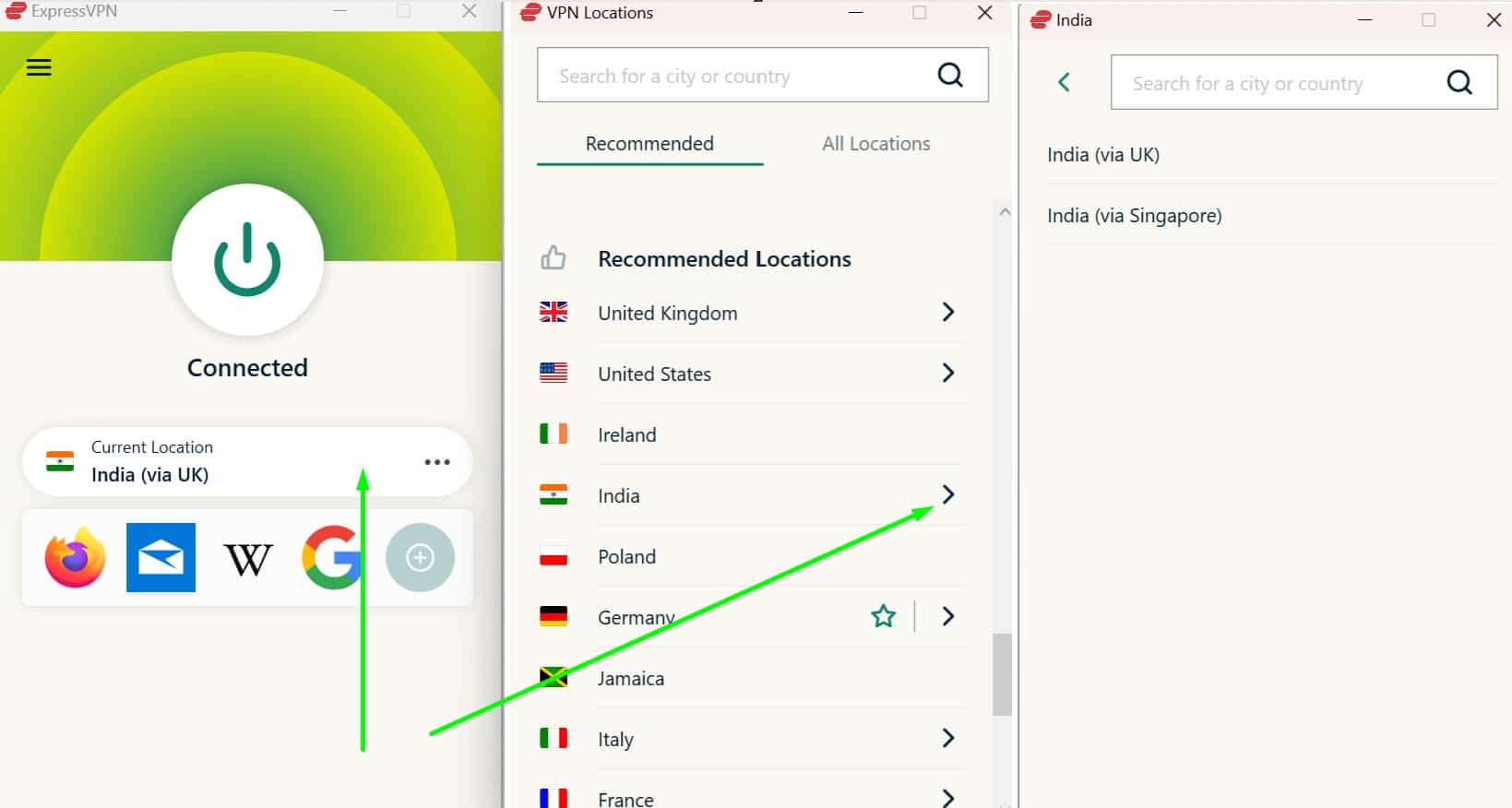 Screenshot showing ExpressVPN's Indian server locations