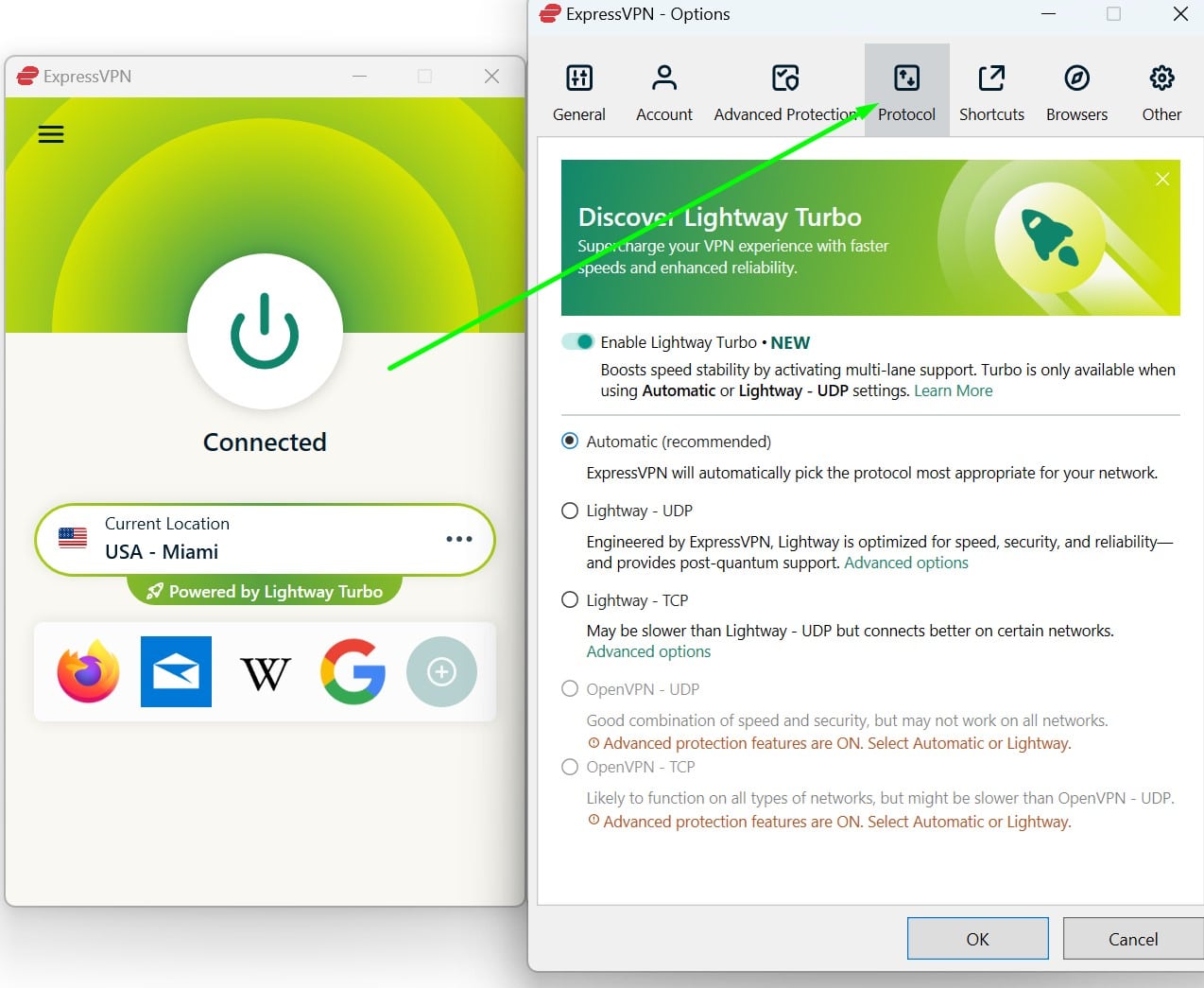 Screenshot showing ExpressVPN's protocol selection menu