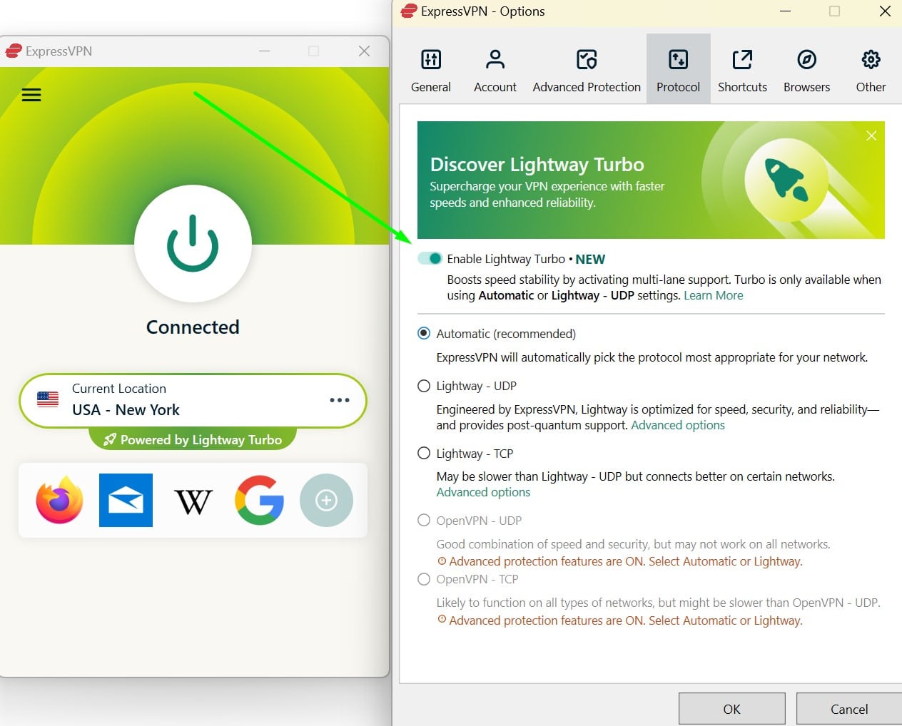Screenshot showing expressVPN's lightway turbo toggle