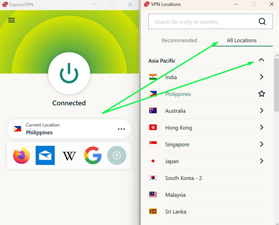 Screenshot showing ExpressVPN's server show/hide toggle