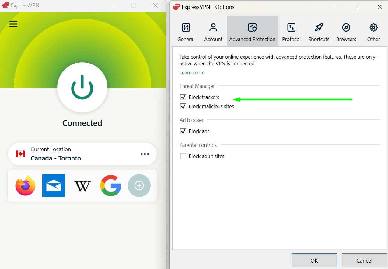 Screenshot of ExpressVPN's Threat Manager options