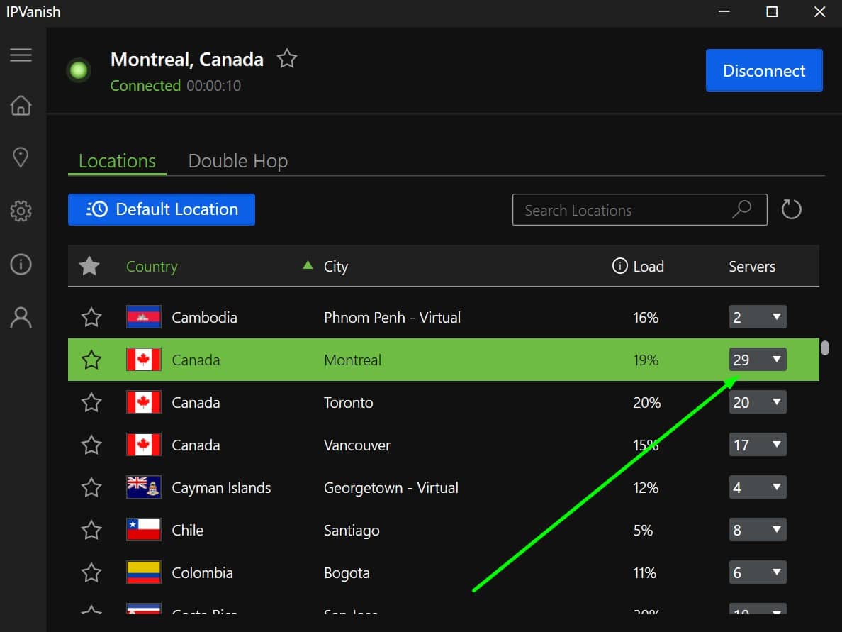 Screenshot showing IPVanish's Canadian servers