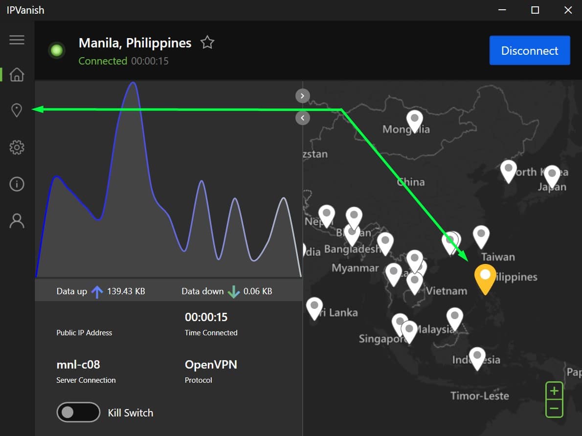 Screenshot showing how to find IPVanish's Filipino servers