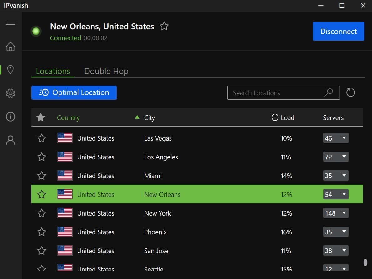 Screenshot of IPVanish's server selection menu, highlighting its US servers