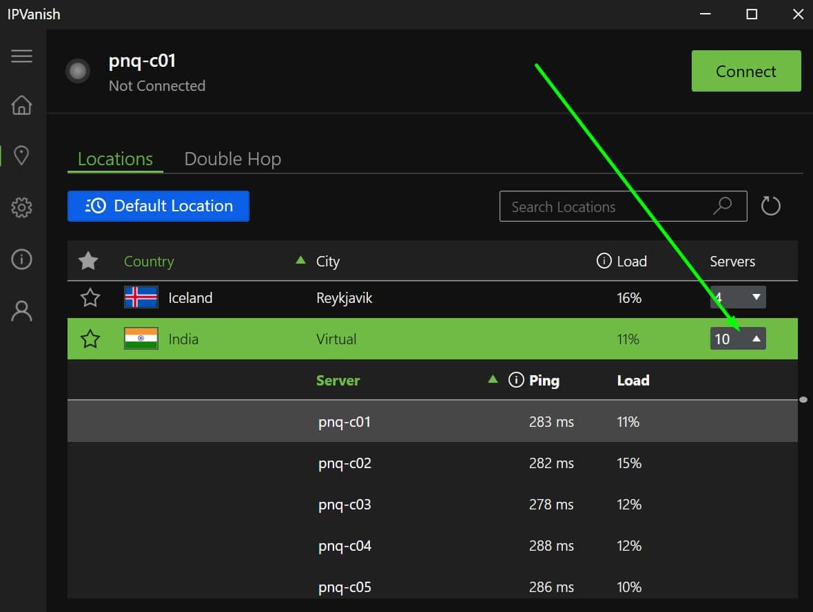 Screenshot showing how to reveal IPVanish's full server selection menu