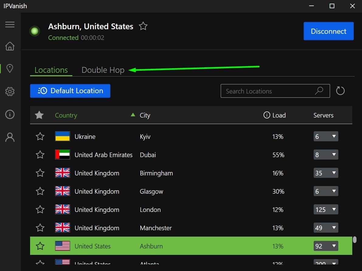 Screenshot showing IPVanish's server list and double hop servers