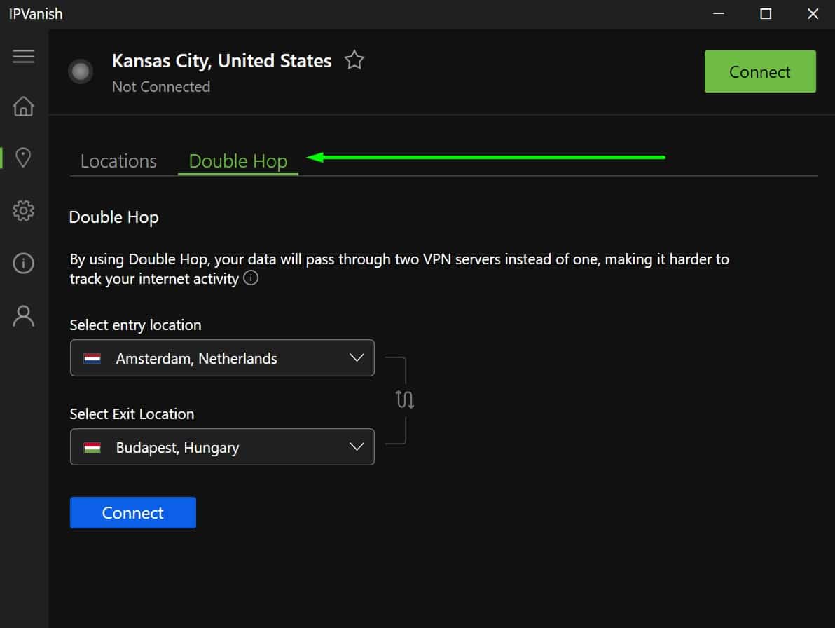 Screenshot showing IPVanish's double hop options