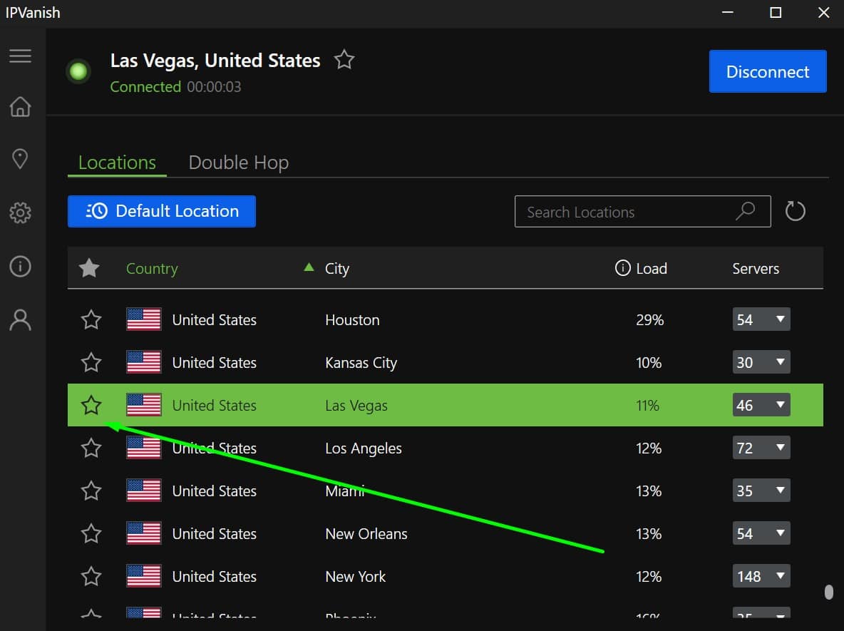 Screenshot showing IPVanish's US servers