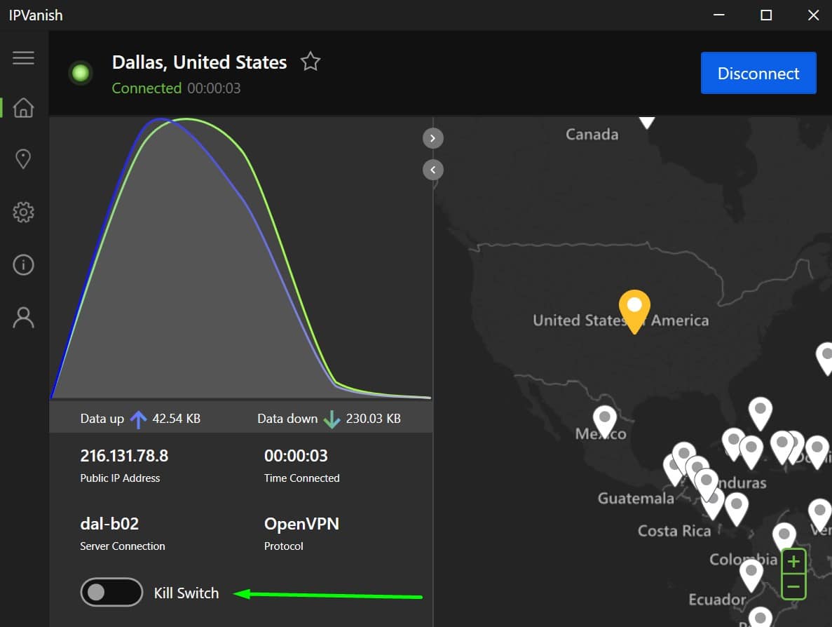 Screenshot showing IPVanish's kill switch toggle