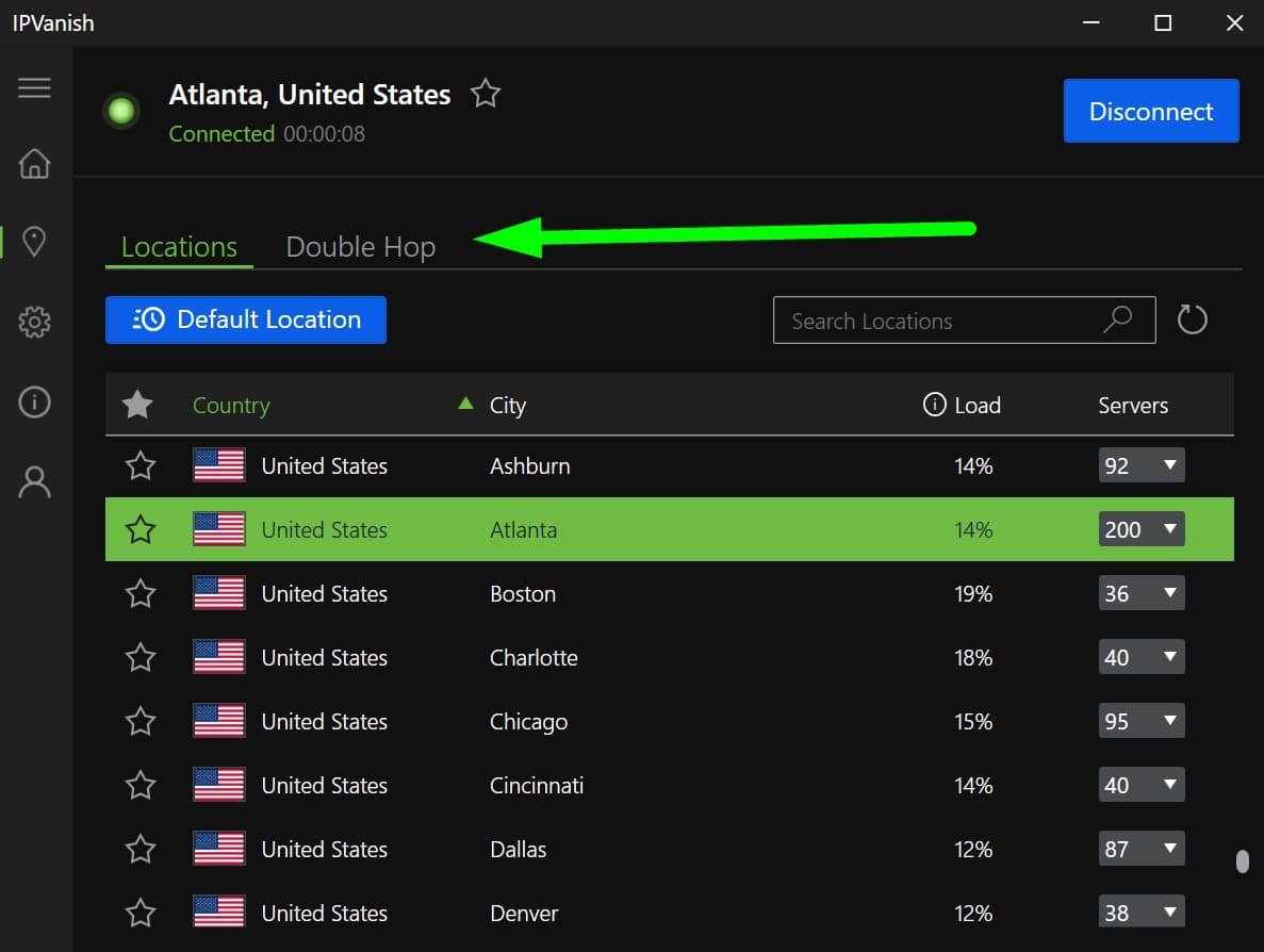 Screenshot showing IPVanish's server selection menu