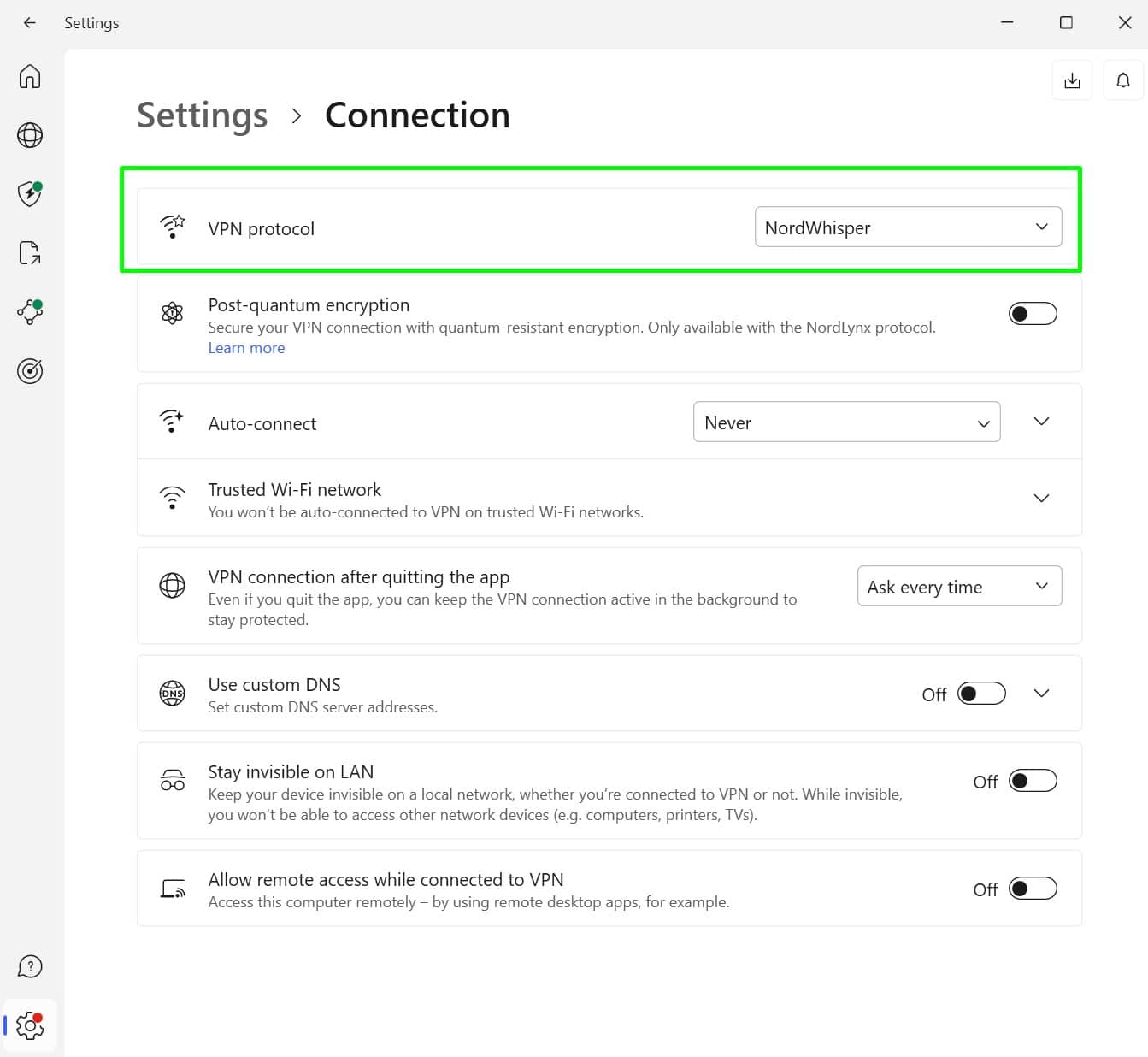 Screenshot showing NordVPN's connection settings page