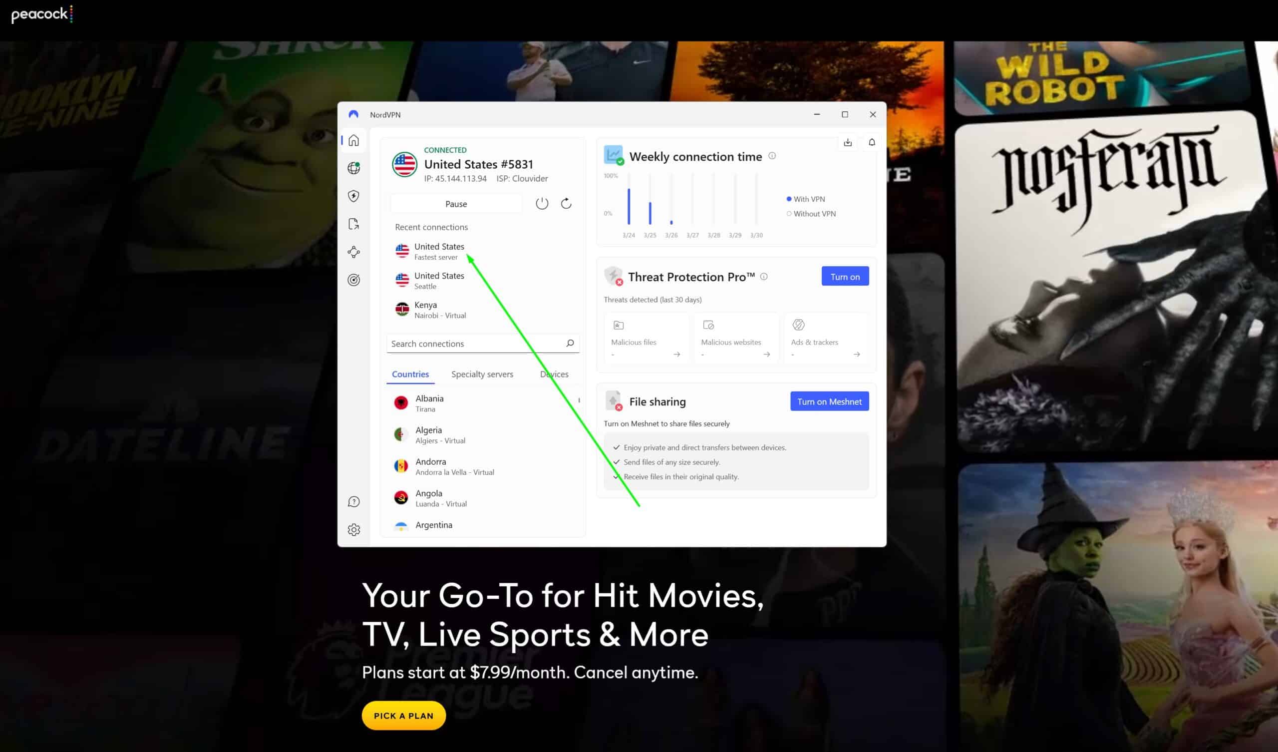 Screenshot showing NordVPN accessing Peacock from abroad