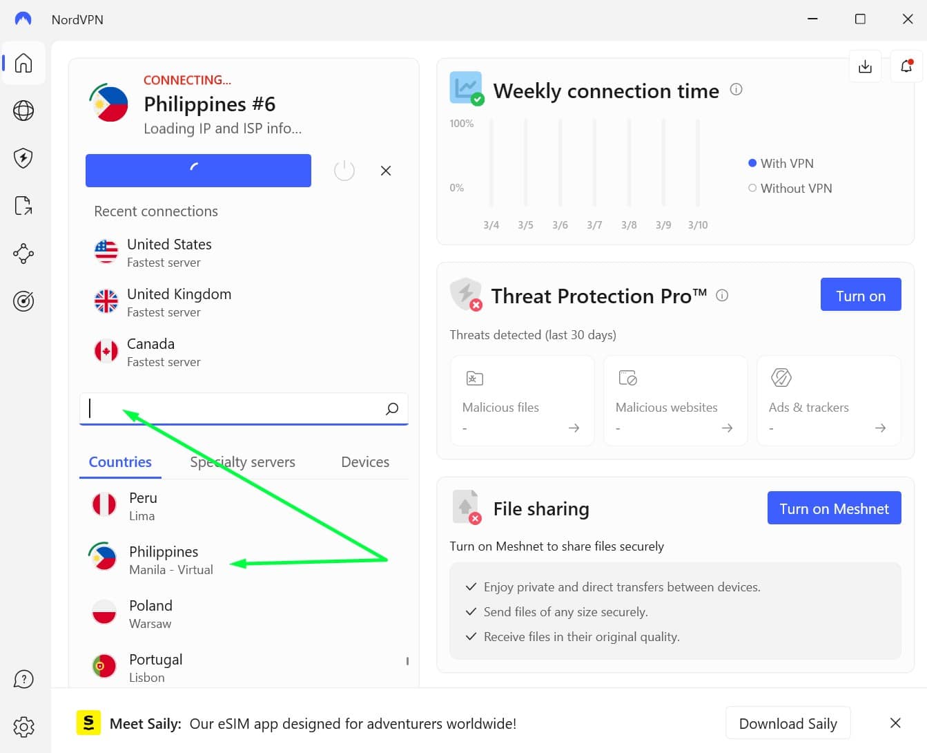 Screenshot showing how to find NordVPN's Filipino servers