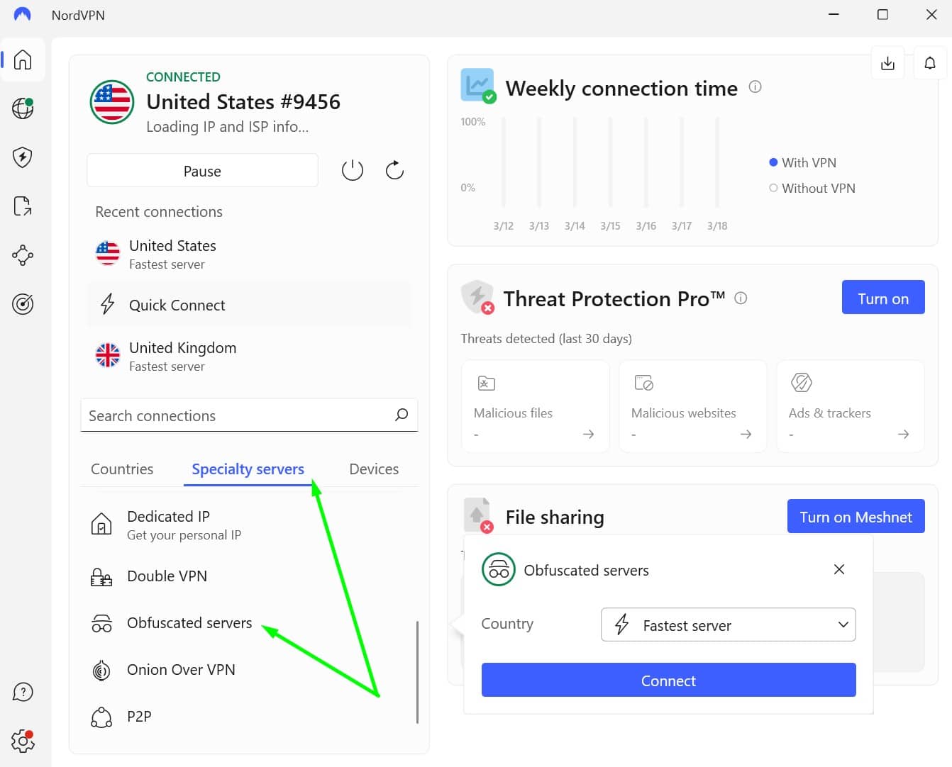Screenshot showing NordVPN's specialty servers