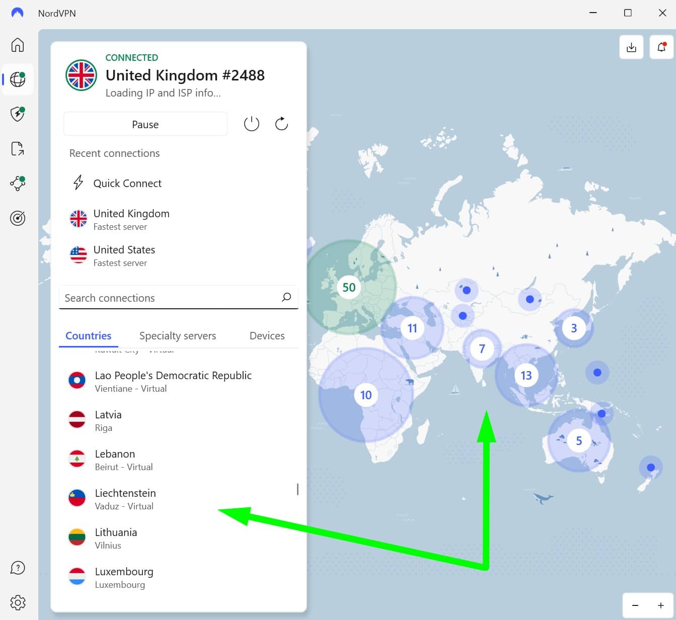 Screenshot of NordVPN's main screen