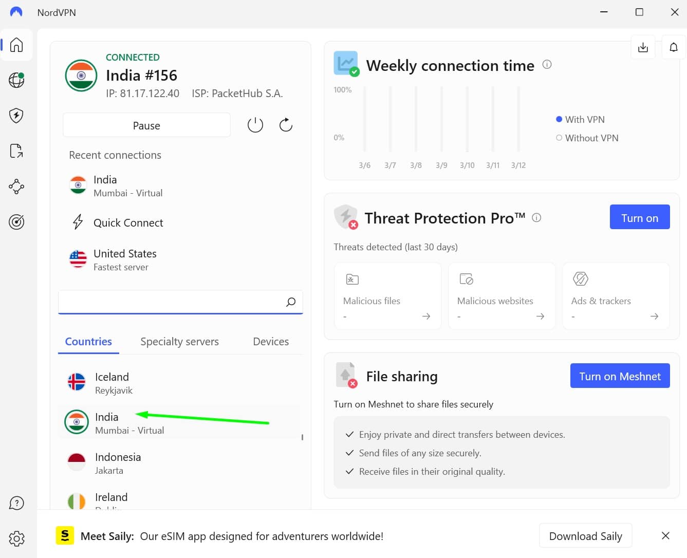 Screenshot showing NordVPN's Indian servers