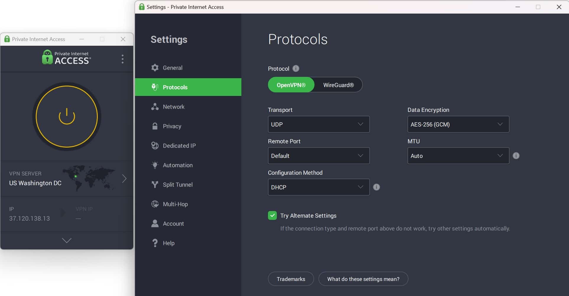 Screenshot of PIA's interface and settings on Windows