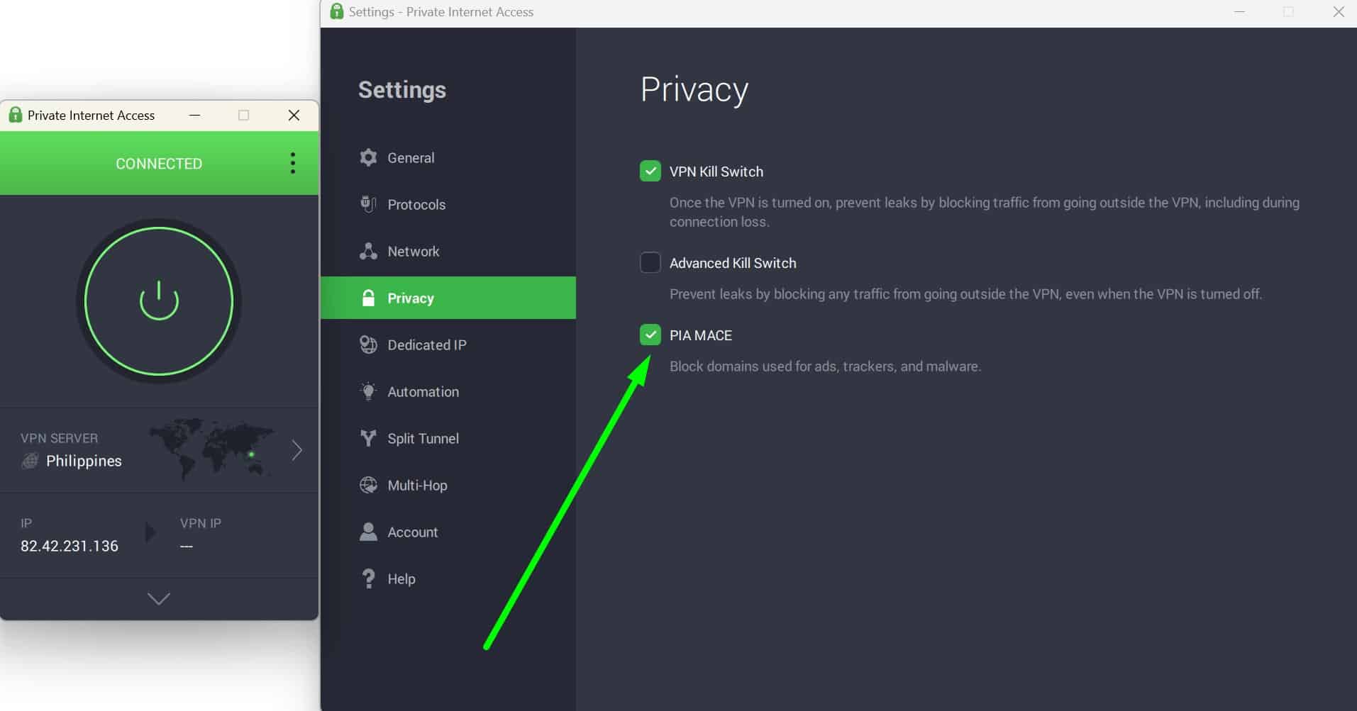 Screenshot showing PIA's interface and ad blocker settings