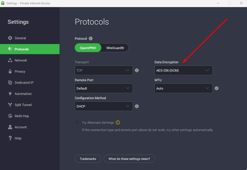 PIA's protocol options.