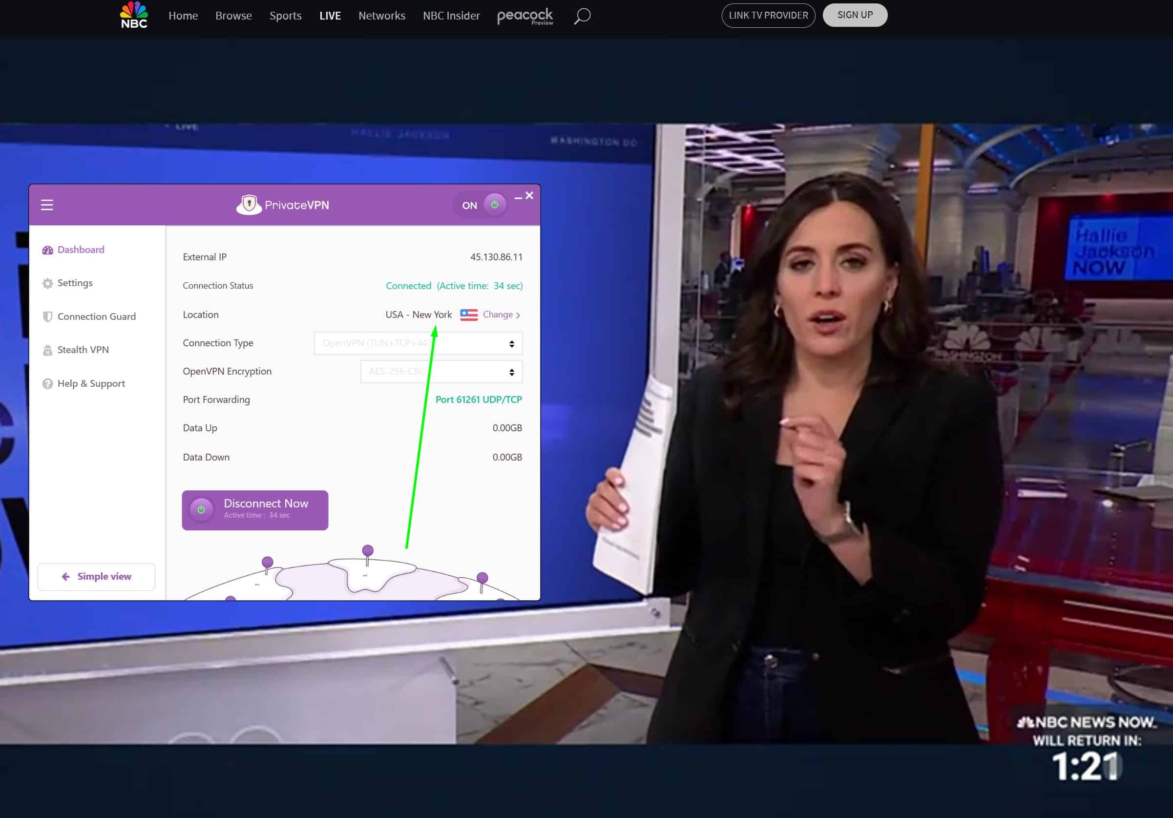 Screenshot showing NBC working with PrivateVPN