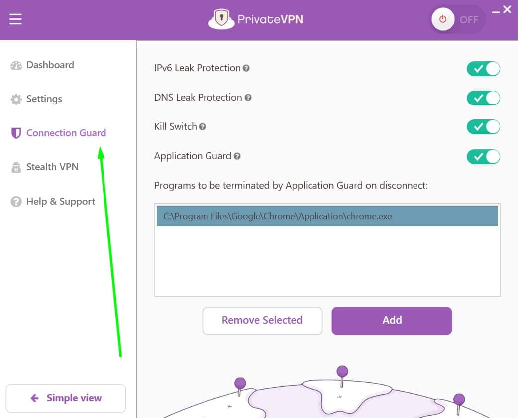 Screenshot showing PrivateVPN's connection guard settings