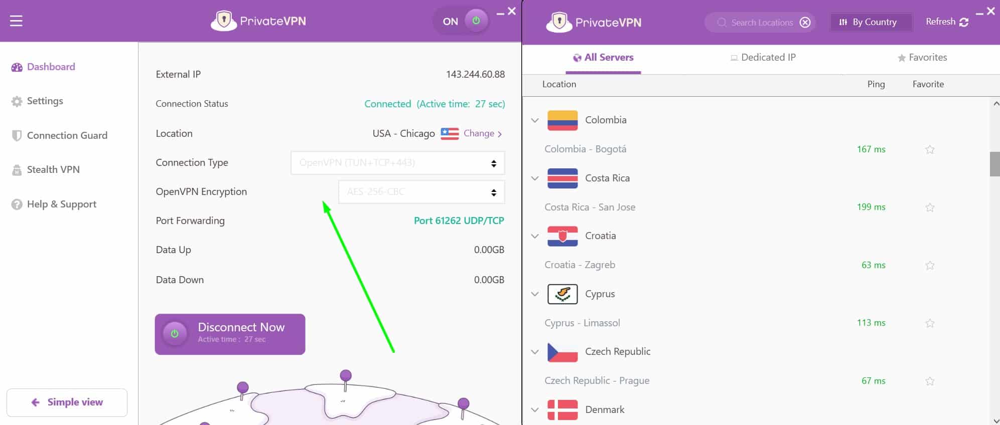 Screenshot showing PrivateVPN's connection options