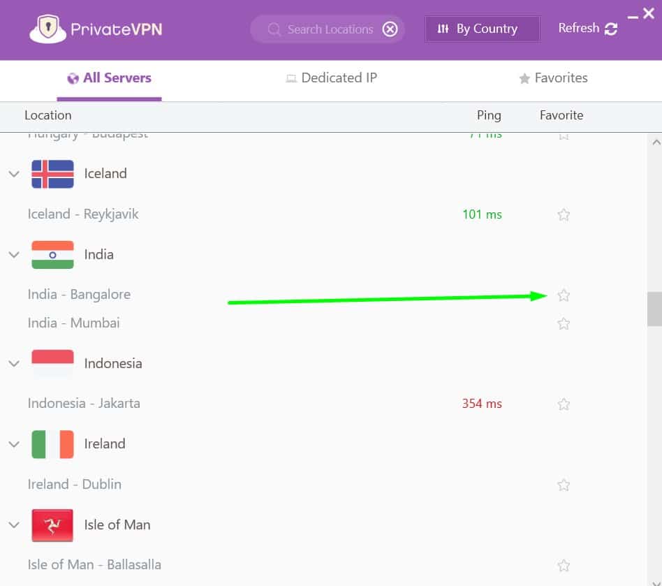 Screenshot showing how to favorite servers on PrivateVPN