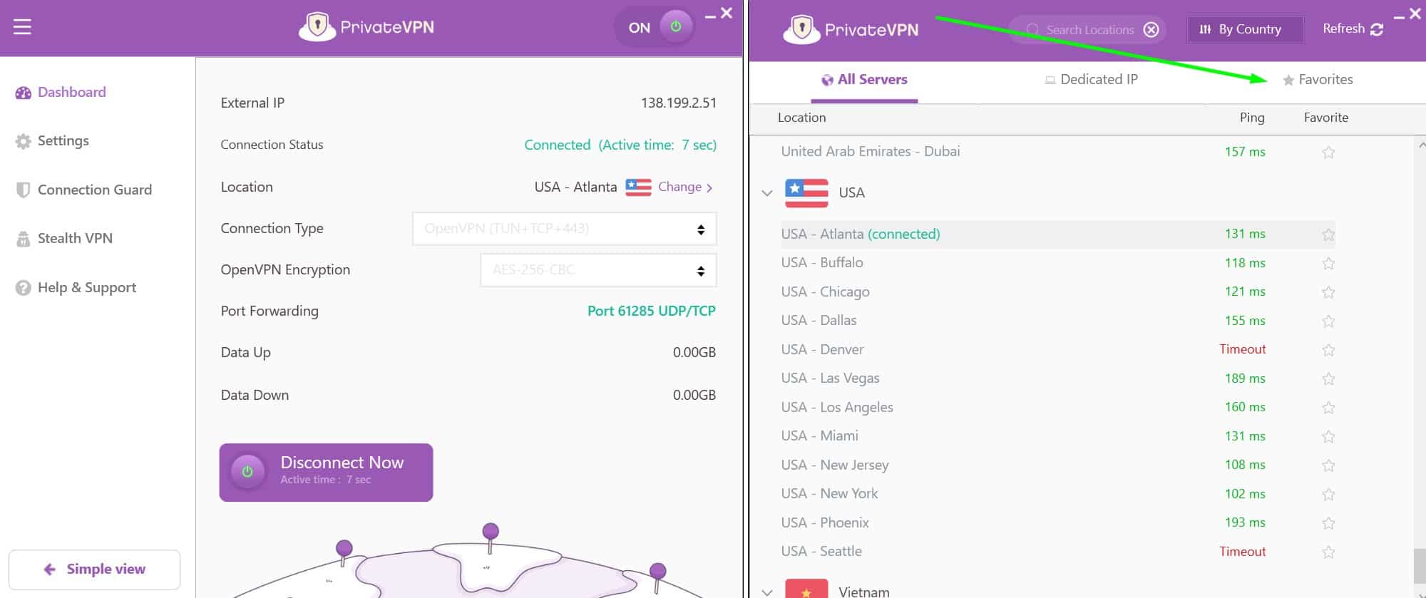 Screenshot showing how to add favorite server locations in PrivateVPN