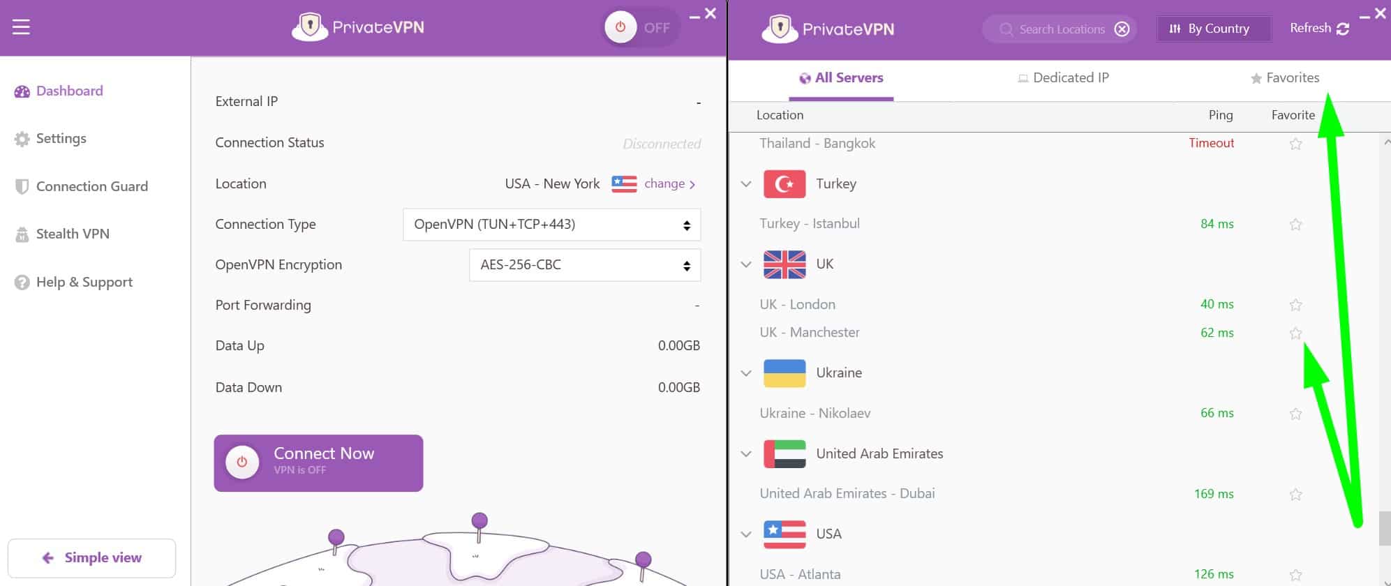Screenshot showing how to access favorited servers in PrivateVPN