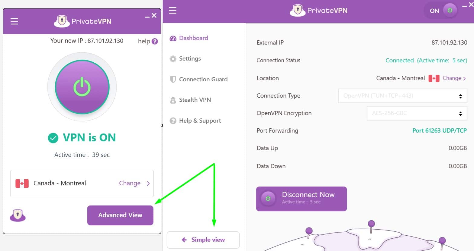 Screenshot showing PrivateVPN's simple and advanced views