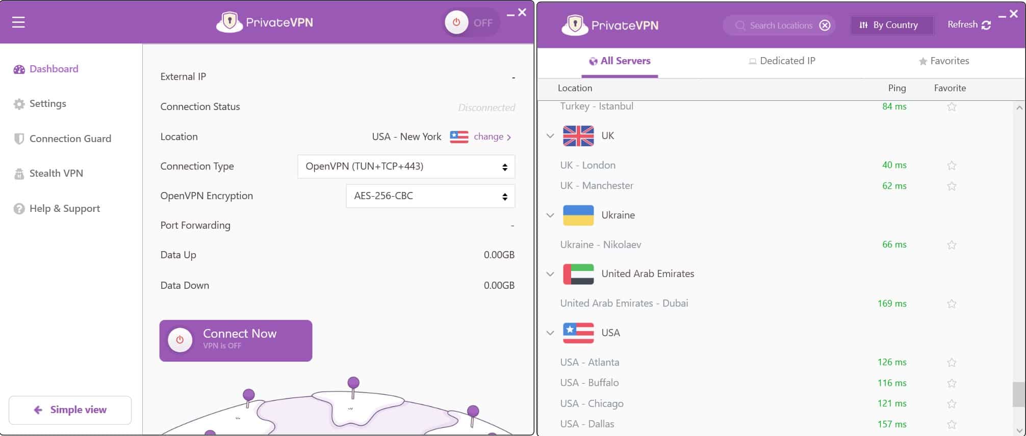 Screenshot of PrivateVPN's main screen and server list
