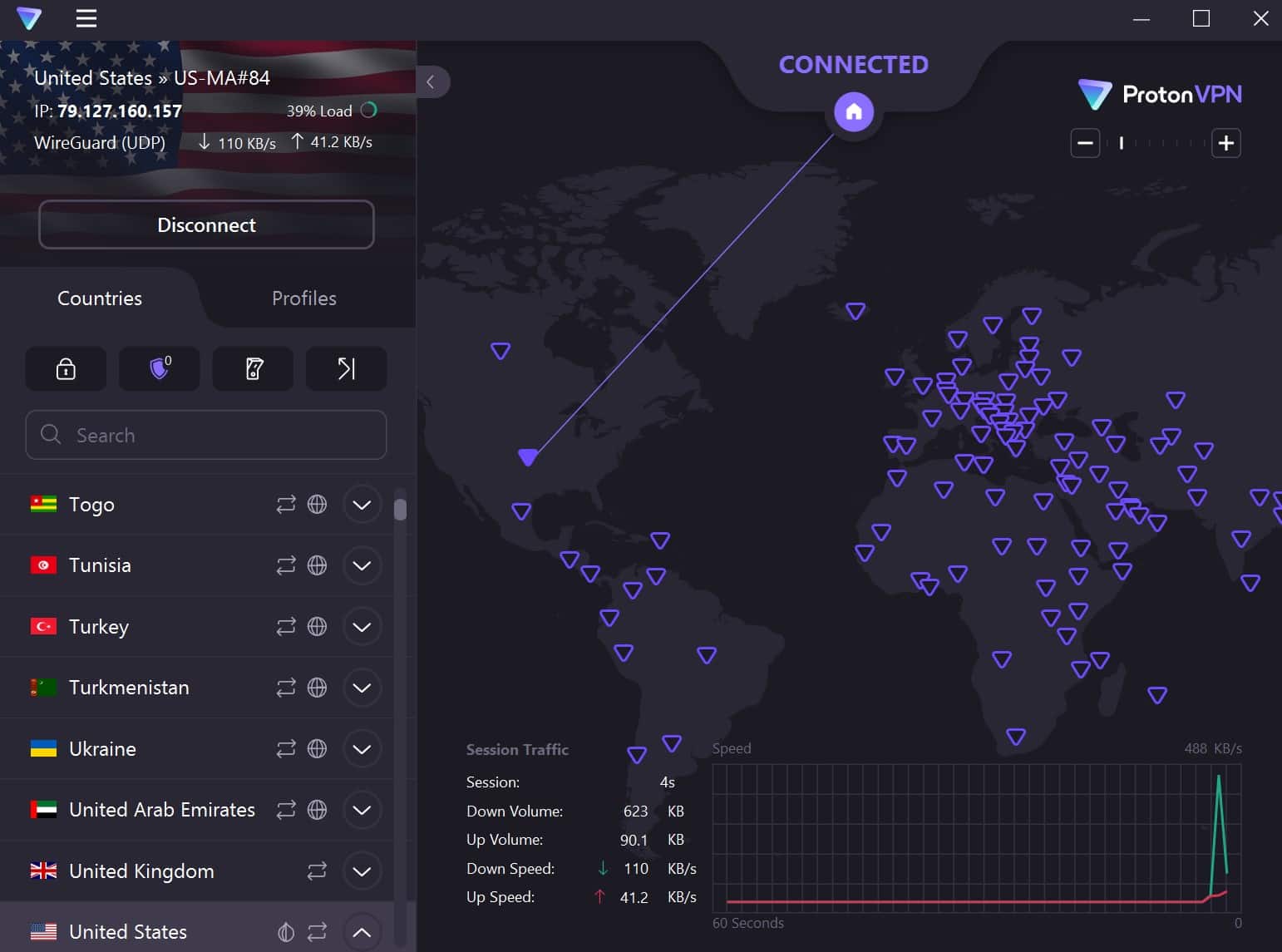 Screenshot of ProtonVPN's main screen on Windows