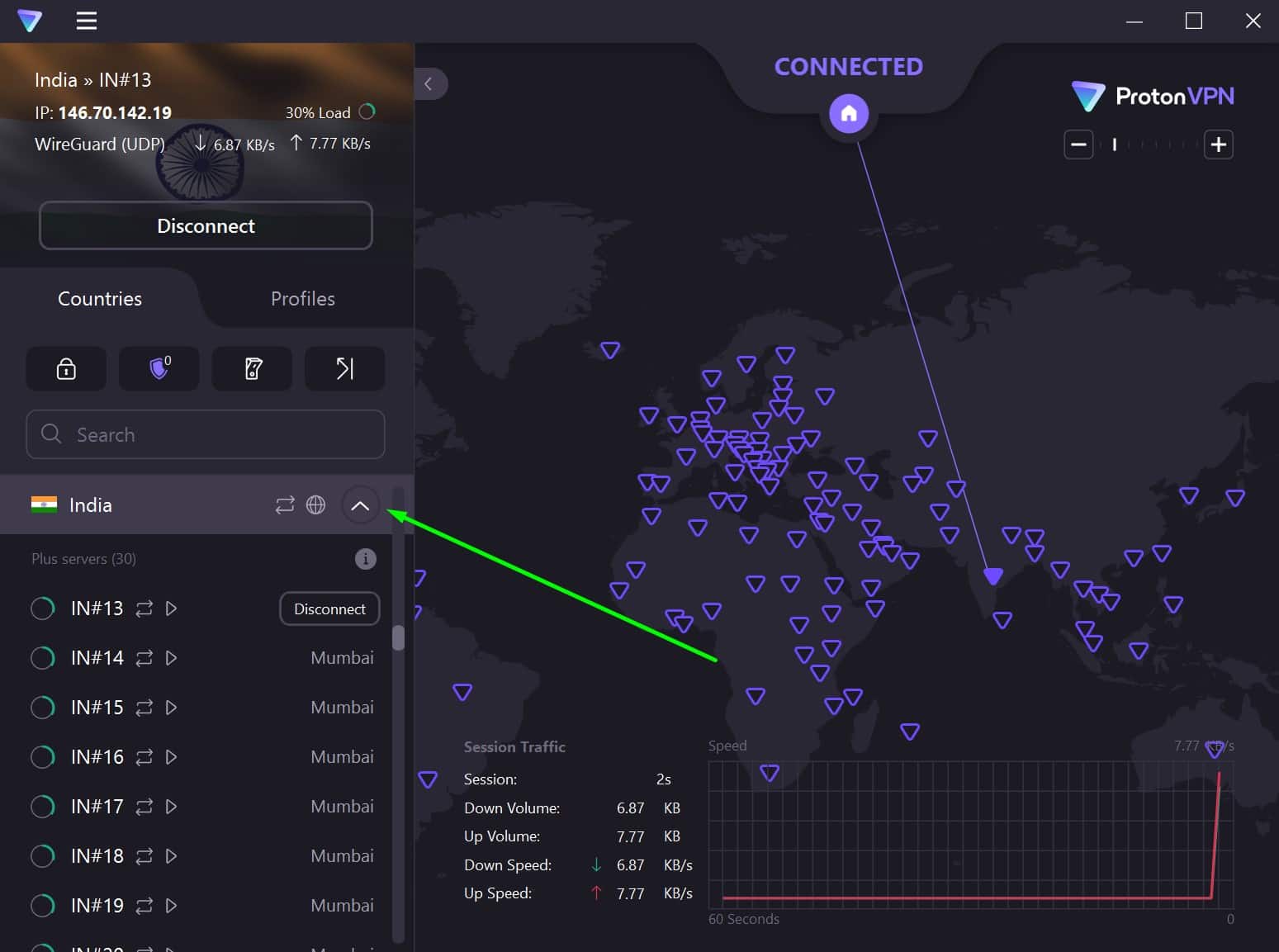 Screenshot showing ProtonVPN's Indian servers