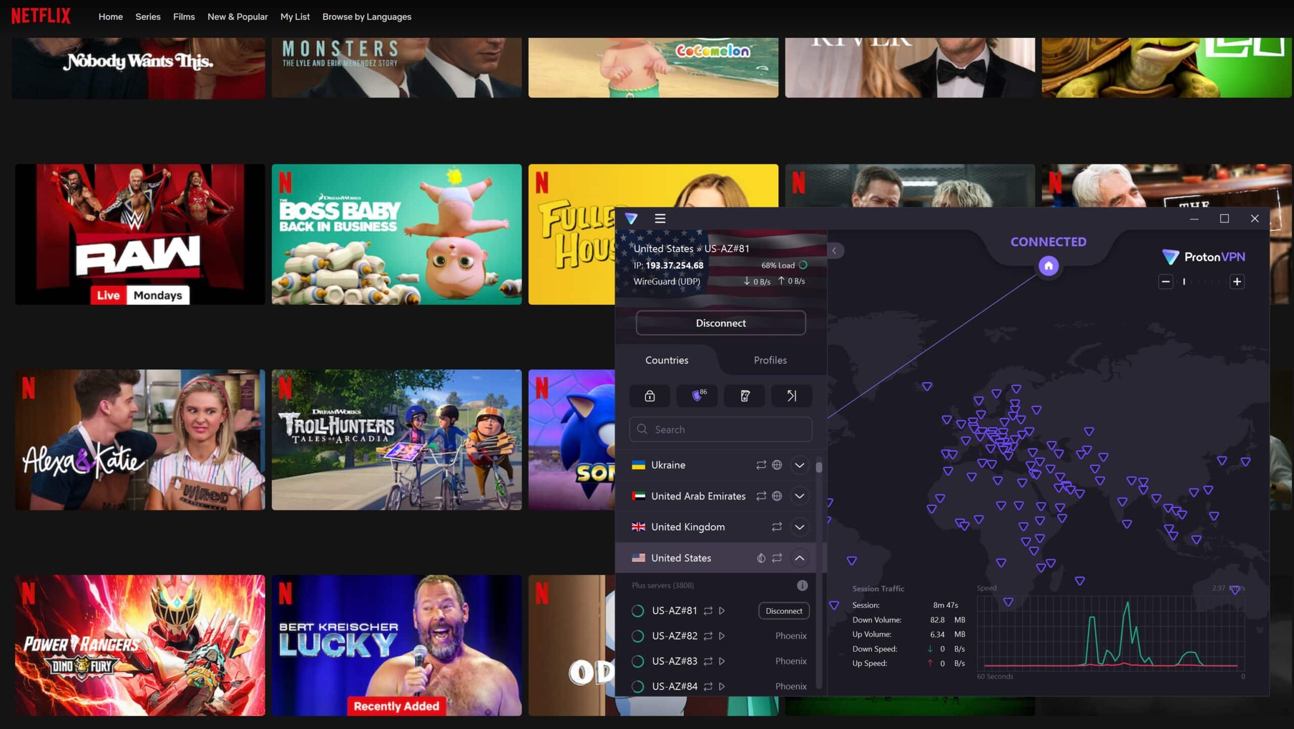 Screenshot showing Netflix US working with ProtonVPN active