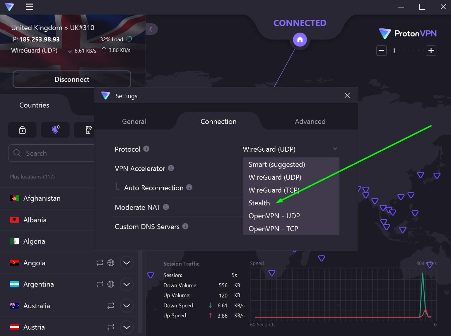 Screenshot showing ProtonVPN's stealth protocol