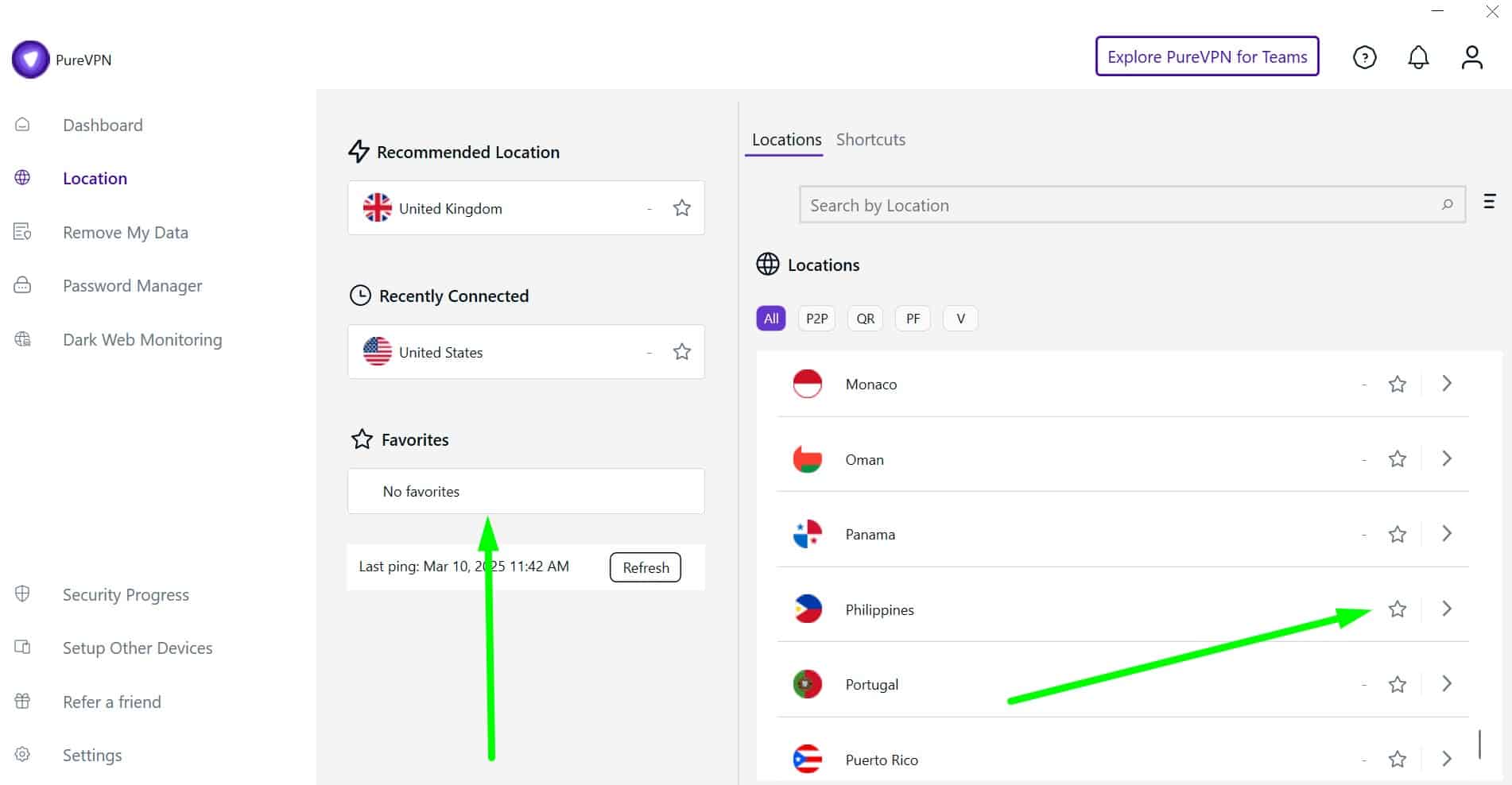 Screenshot showing how to favorite locations on PureVPN