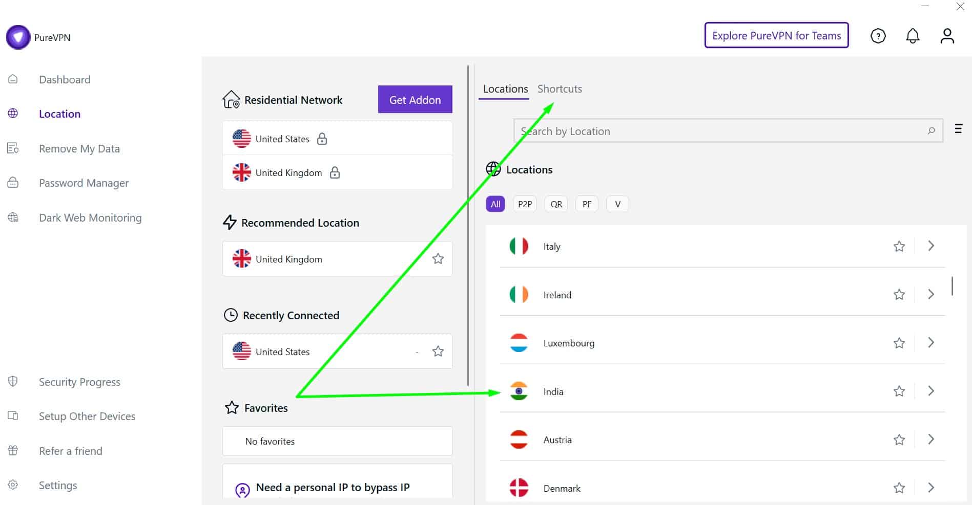 Screenshot showing PureVPN's indian servers