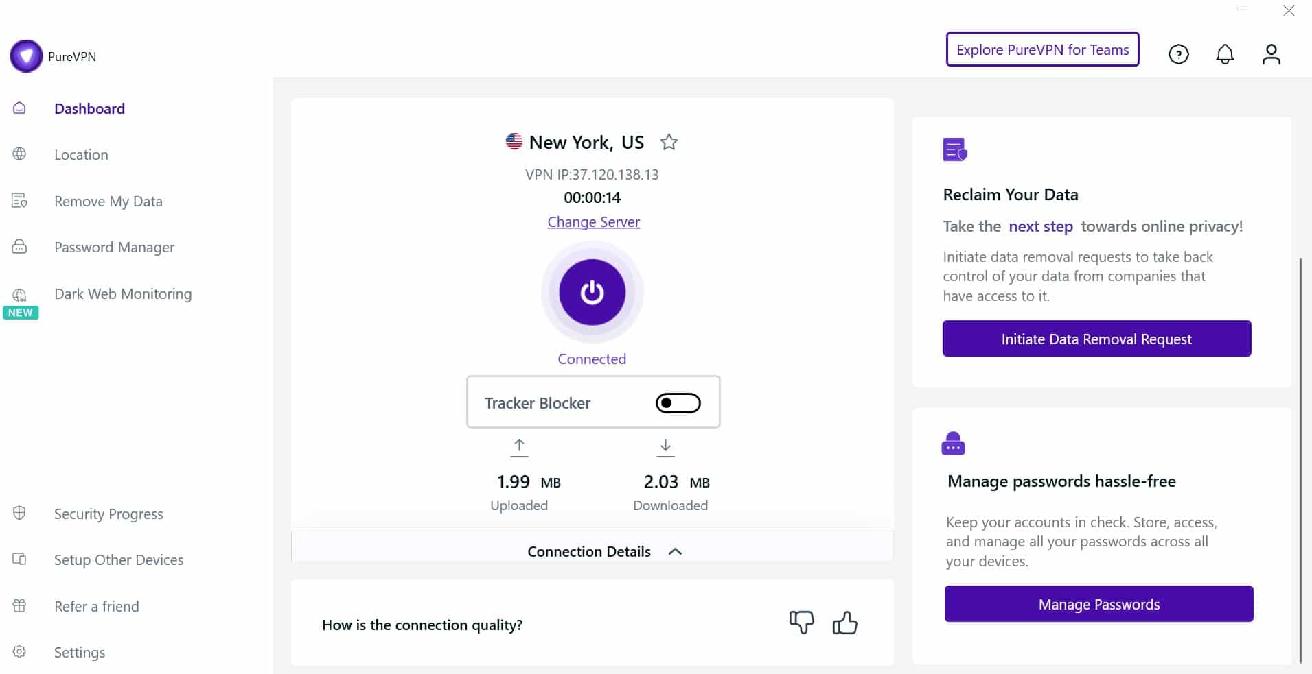 Screenshot of PureVPN's WIndows app main screen