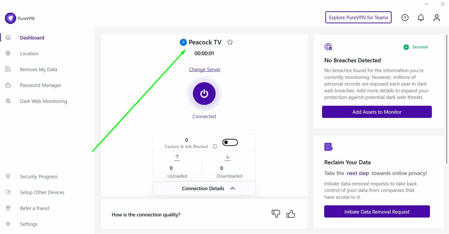 Screenshot showing PureVPN's Peacock server