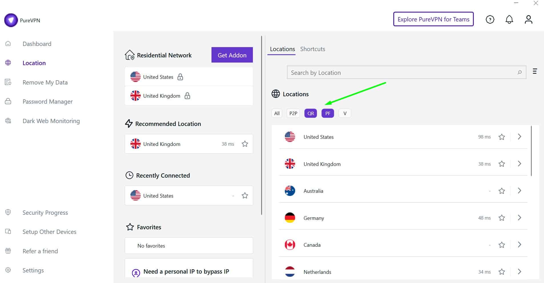 Screenshot of PureVPN's server filtering options