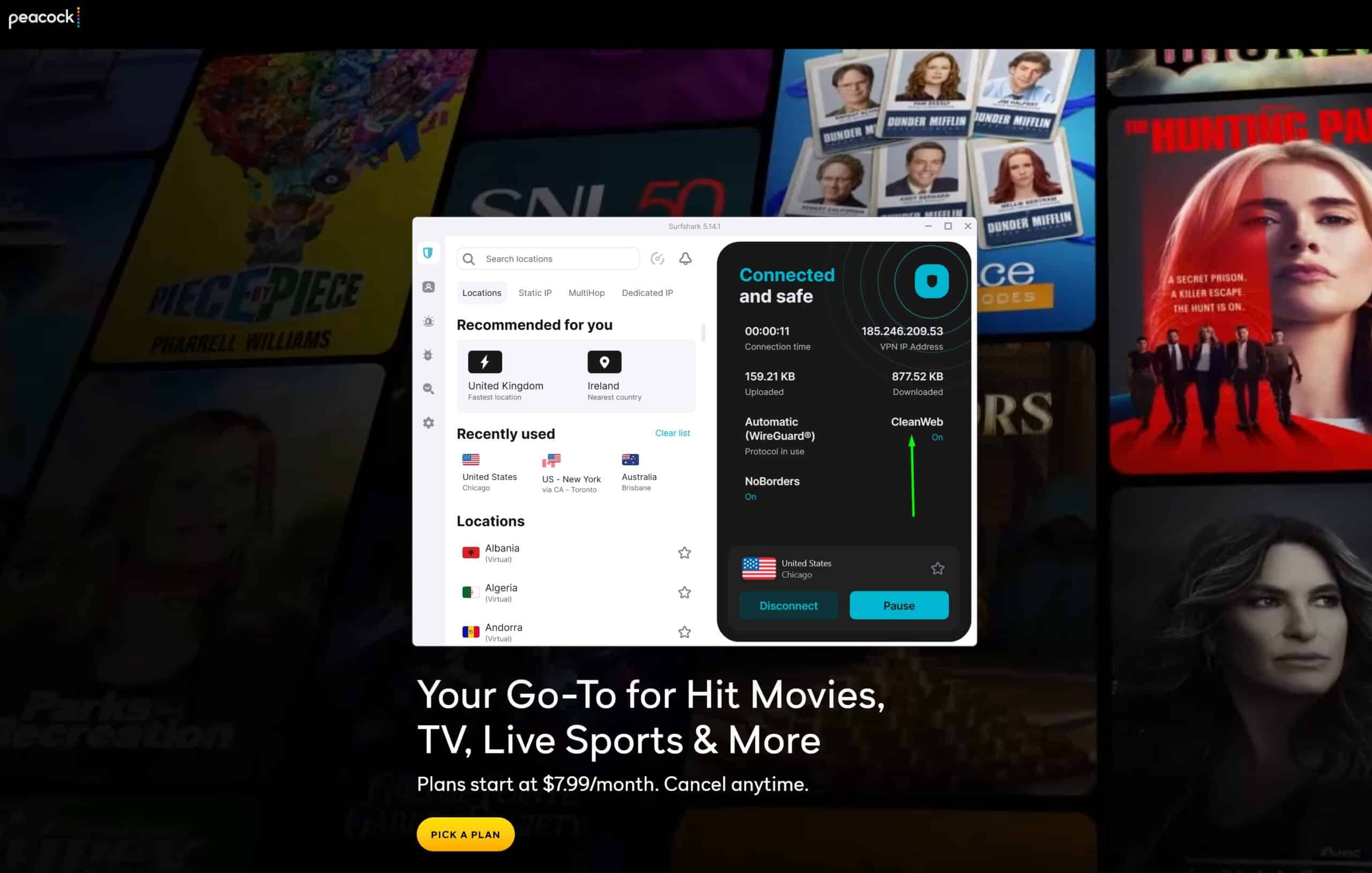 Screenshot showing Surfshark unblocking Peacock