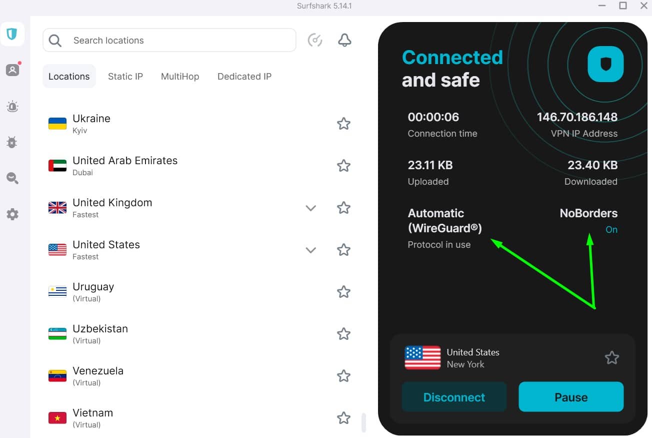 Screenshot showing Surfshark's info display panel