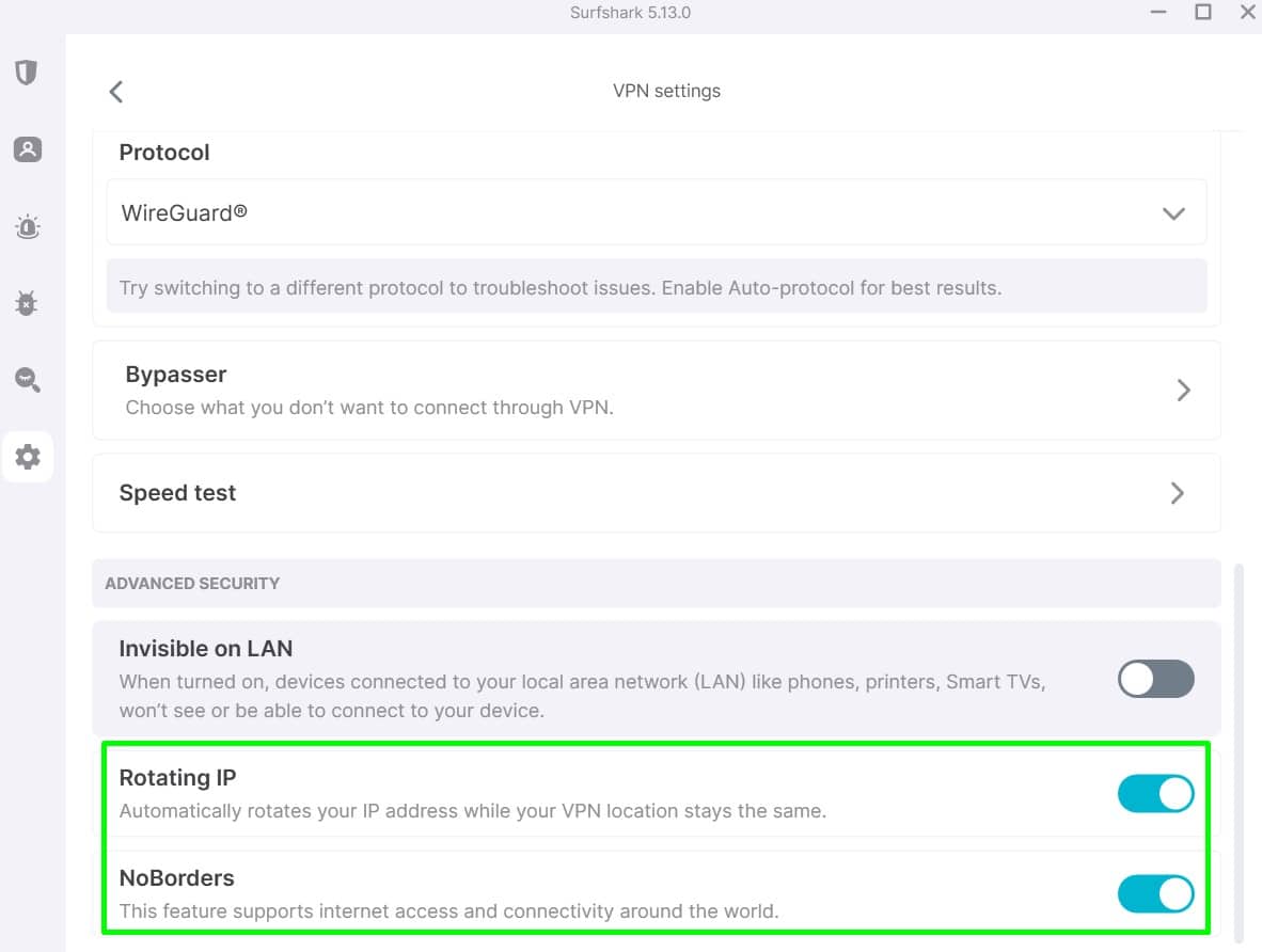 Screenshot showing Surfshark's NoBorders mode and rotating IP address feature