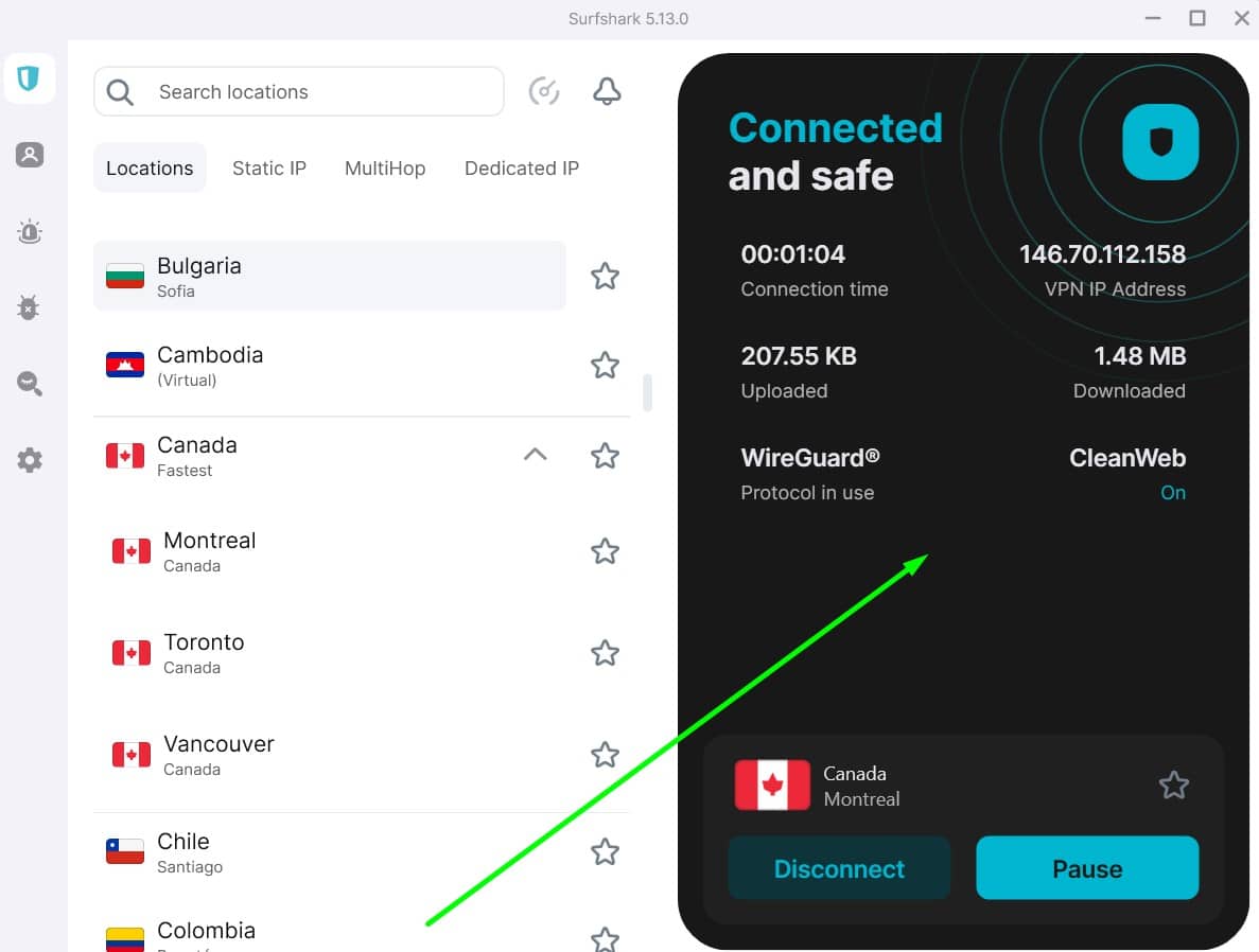 Screenshot showing Surfshark's main screen and connection details