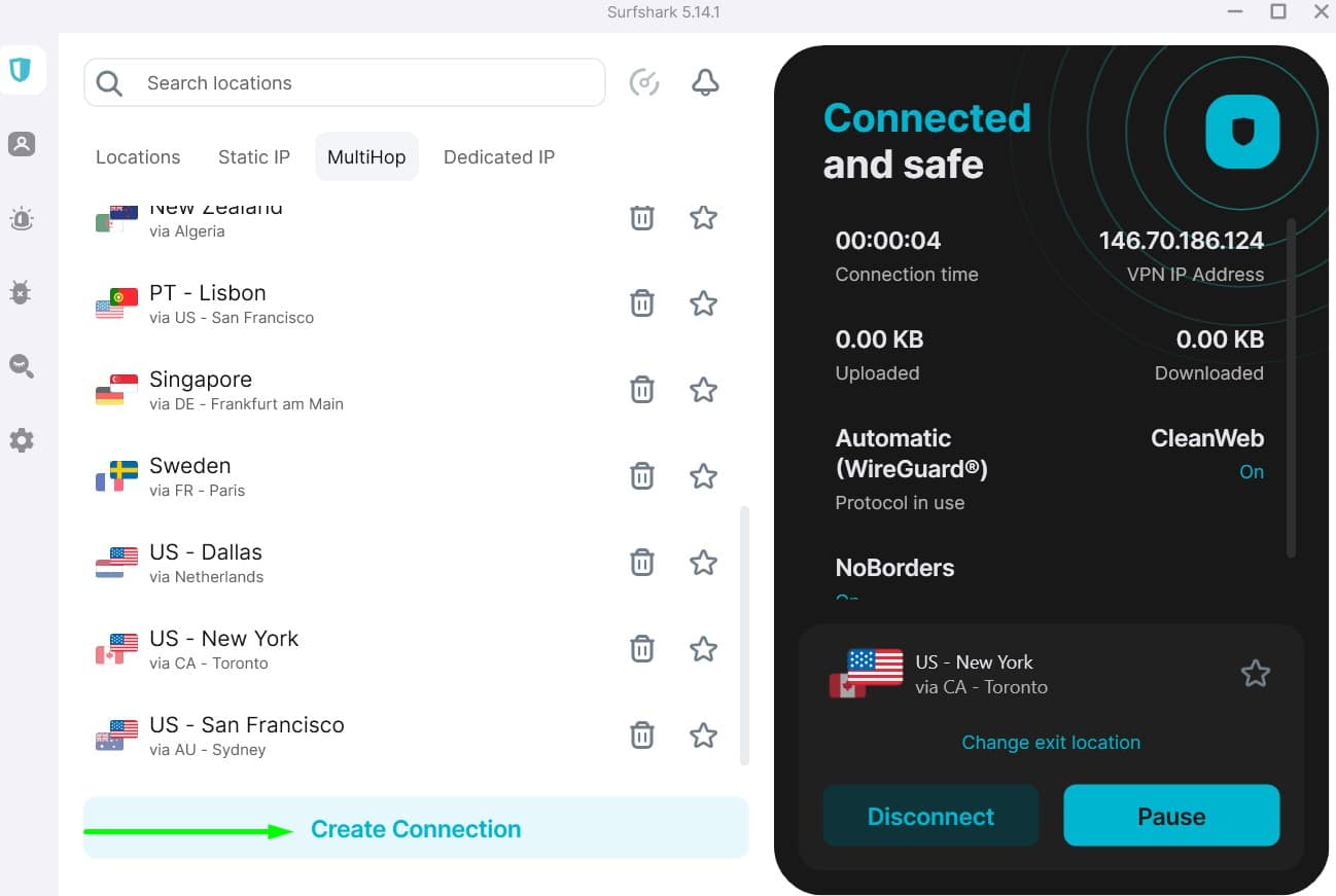 Screenshot showing Surfshark's custom multihop options