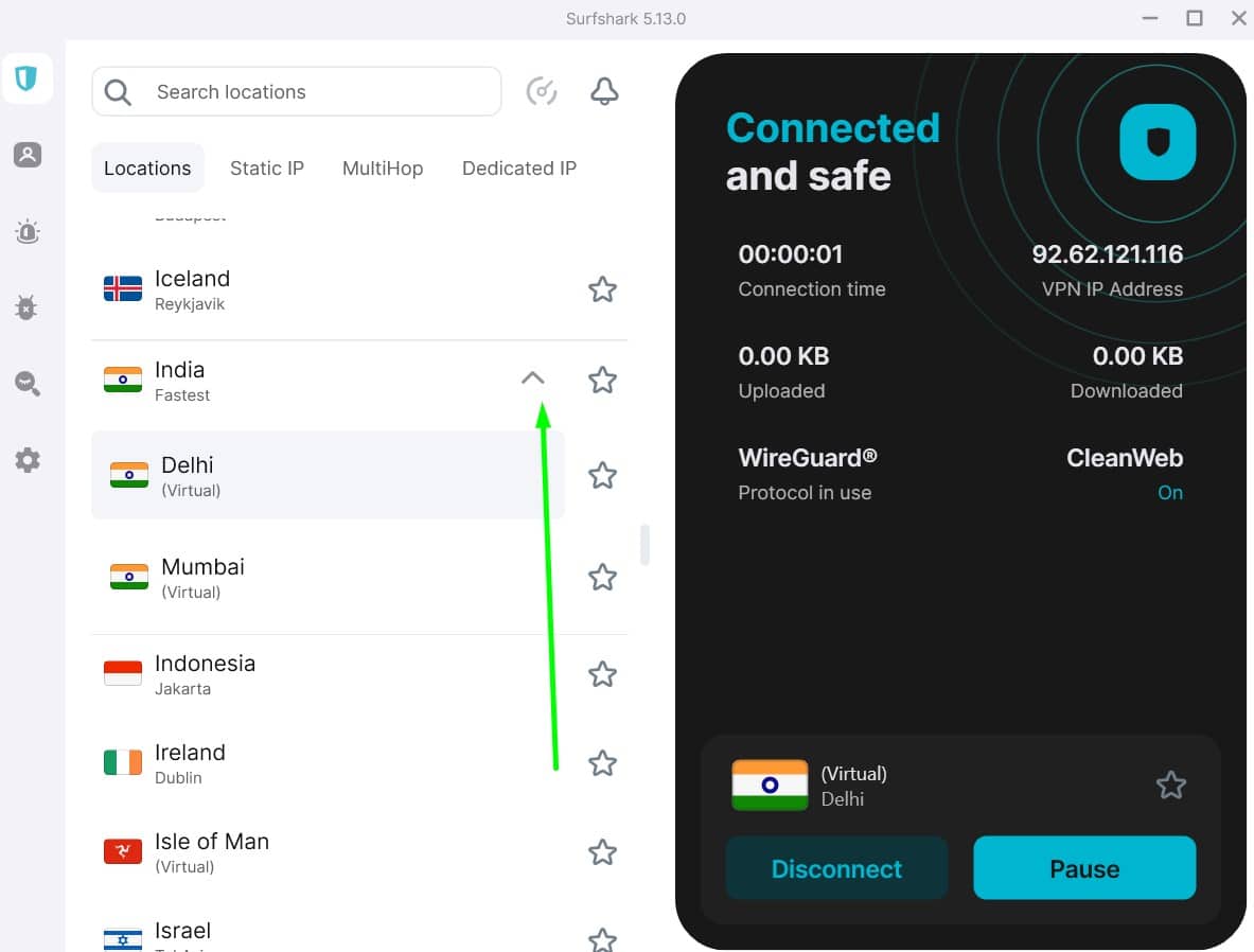 Screenshot showing Surfshark's Indian servers