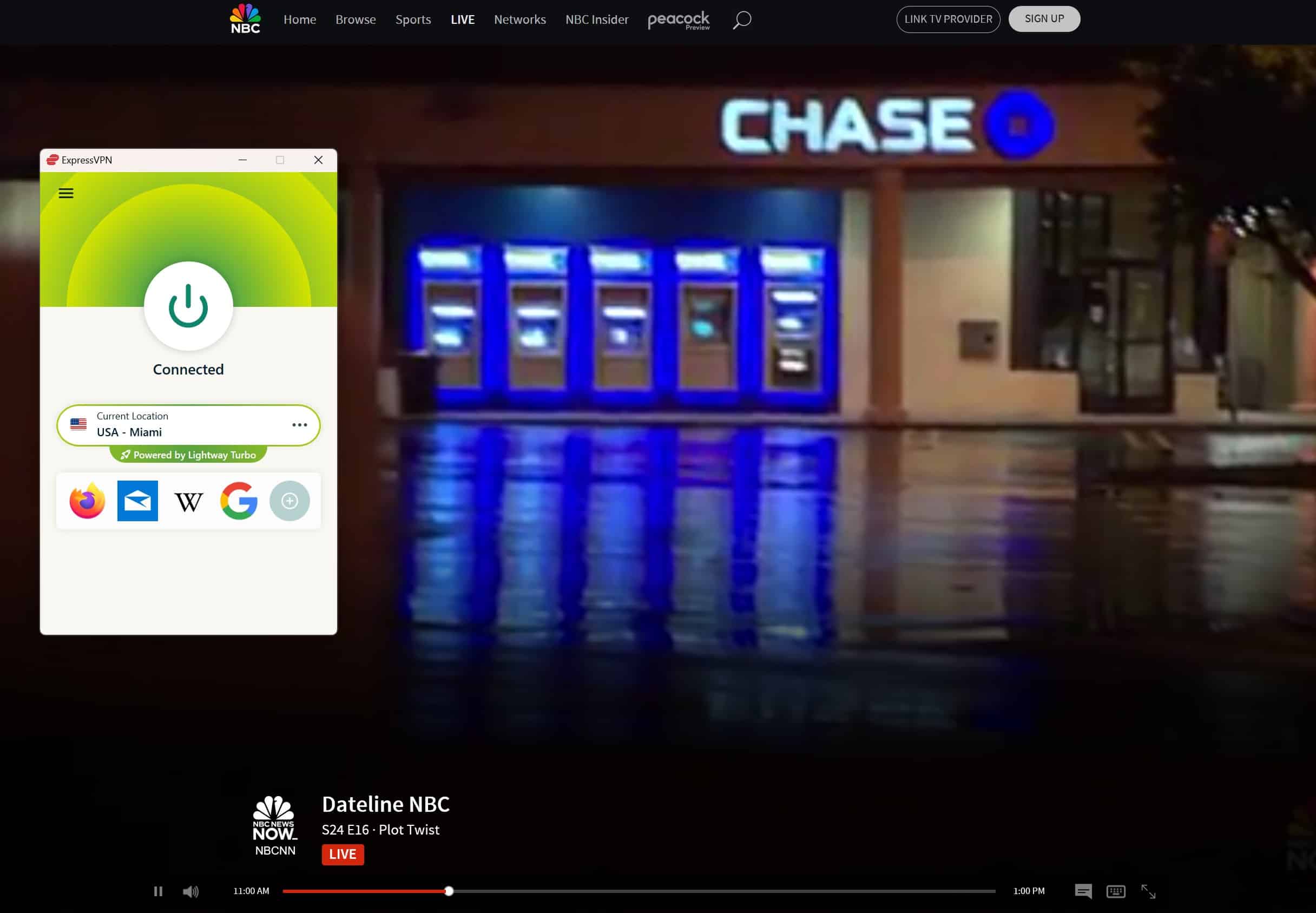 Screenshot showing NBC live stream playing with ExpressVPN active