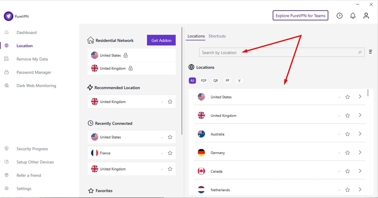 PureVPN's server locations.